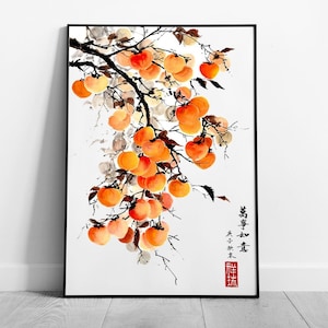Elegante decorazione murale con ramo di cachi: stampa tradizionale cinese a inchiostro, decorazione asiatica incorniciata