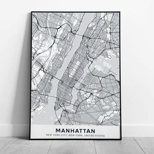 Carte urbaine de Manhattan, New York, noir et blanc - Impression d'art mural abstrait minimaliste encadré