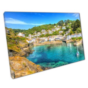 Polperro Harbour Canvas Print - Coastal Wall Art Blue Skies  Clear Sea Cornwall Landscape
