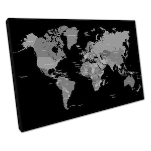 Lienzo con mapa del mundo monocromático: listo para colgar, ideal para decorar la pared del hogar o la oficina.