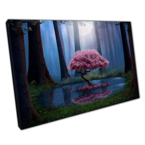 Enchanted Moonlit Forest Lake Canvas Art - Blooming Tree Fantasy Wall Decor for Home  Office