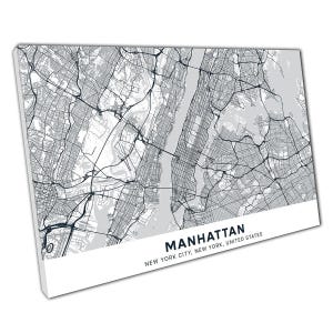 Carte urbaine de Manhattan sur toile, noir et blanc en nuances de gris, art mural, décoration minimaliste pour bureau à domicile