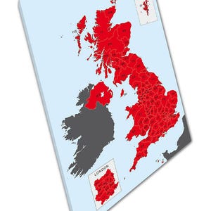 Toile carte code postal du Royaume-Uni : oeuvre d'art bleu clair et rouge pour bureau à domicile - Prête à accrocher
