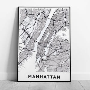 Muurkunstdruk Manhattan-kaart - elegante zwart-wit ingelijste NYC-illustratie voor huisdecoratie