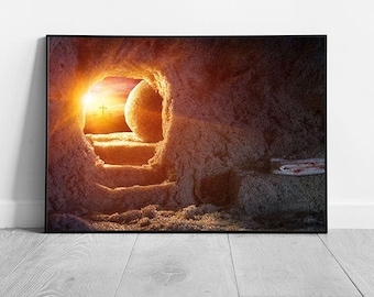 Empty Tomb Crucifixion At Sunrise Resurrection Of Jesus Easter Religious Meaning Wall Art Print on Paper Framed Picture print