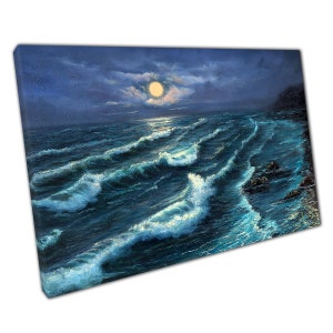 Full Moon Over Turbulent Ocean Sea Shore Painting Wall Art Print On Canvas Picture For Home Office Decor