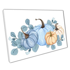 Aquarell Kürbis Leinwand Druck Herbst Blumen Blau-Orange Ernte Wand Kunst für Home Office