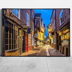 Enchanting Sunset in York&#39;s Shambles Alley: Framed Wall Art Print on Paper - Historic English Scene