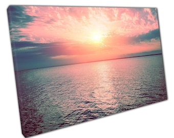 Sunrise Over Tranquil Seascape Wall Art Print on Canvas  Soft Cloudy Sky in Pink Peach Tones  Home Office Decor