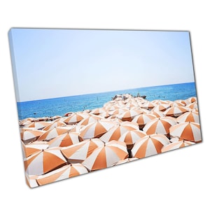 Ocean Horizon Beach Wall Art - Orange  White Sun Umbrellas Canvas Print for Home Office Decor