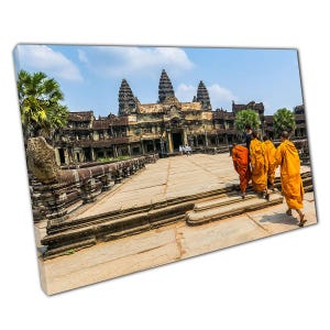 Serene Angkor Wat Temple Scene: Monks Walking in Cambodia - Canvas Wall Art for Home & Office