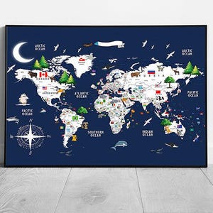 Bunter Weltkarte mit Flaggen und Tieren - gerahmter Wand Kunst Druck für Kinderzimmer Dekor
