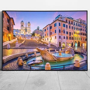 Spanish Steps Water Fountain Wall Art Print - Twilight Scene of Rome Landmark Framed Picture