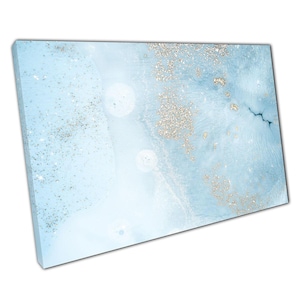 Elegant Light Blue Marbled Canvas Art with Golden Accents - Abstract Wall Decor for Home or Office