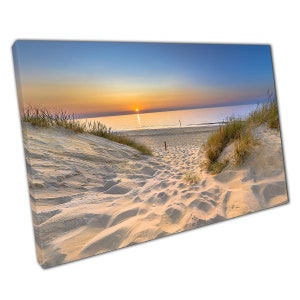 Welcoming Sunset Seascape With Soft Grassy Sand Dunes Ouddorp The Netherlands Wall Art Print On Canvas Picture For Home Office Decor