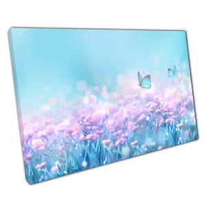 Springtime Meadow Wall Art Print Soft Purple Pink Flowers  Blue Butterflies Canvas Decor for Home Office