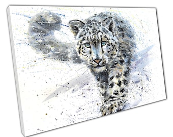 Watercolour Snow Leopard Hunting Wildlife Animal Illustration Wall Art Print On Canvas Picture For Home Office Decor