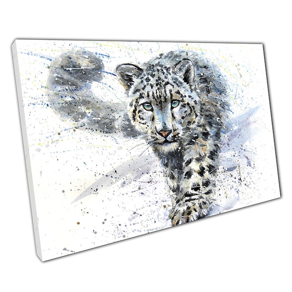 Aquarell Schnee Leopard Jagd Wildtier Illustration Wand Kunst Druck auf Leinwand Bild für Haus Büro Dekor