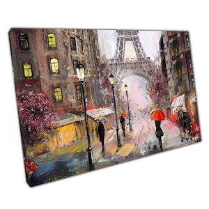 Parisian Street Oil Painting  Eiffel Tower Umbrellas  Rainy Day Canvas Art for Home Office Decor