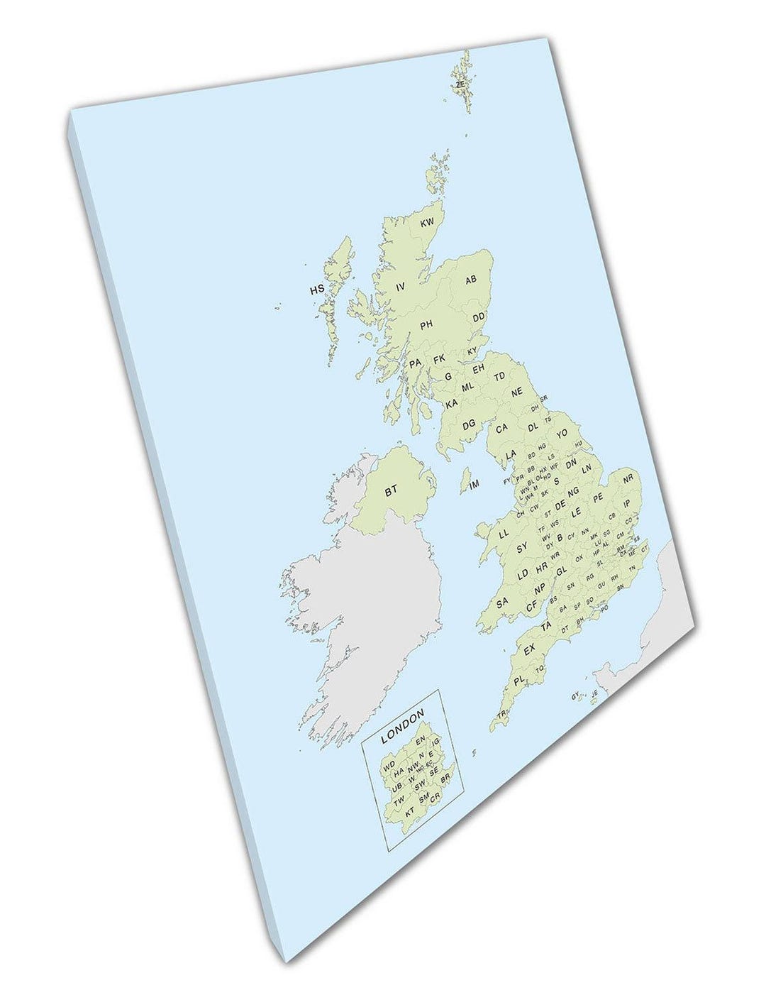 UK Postcode Map Canvas: Light Blue-green Wall Art for Home & Office ...