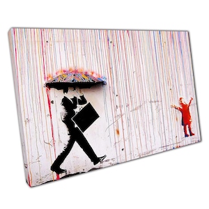 Banksy Rain Girl Canvas Art - Colorful Urban Wall Decor for Home  Office