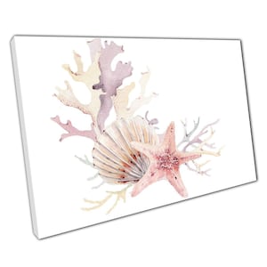Sea Shell Coral Starfish Watercolor Canvas Print  Pink Beige Purple Wall Art for Home Office Decor