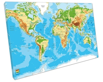Wereldkaart canvaskunst blauw groen geel steden oceanen decor voor thuiskantoor