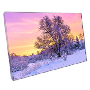 Enchanting Purple Snowy Woodland Canvas: Early Morning Sun Wall Art for Home & Office Decor