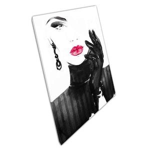 Elegant Watercolor Fashion Portrait: Black Outfit & Pink Lips Canvas Wall Art for Modern Home Decor