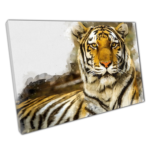 Superbe tigre sauvage détendu au repos calme gros chat aquarelle numérique Style impression d'art mural sur toile photo pour décoration de bureau à domicile