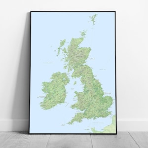 Britse kaart Wegen Rivieren Heuvels Steden Steden Groot-Brittannië Klaar om op te hangen Muurkunstafdruk Ingelijste afbeelding