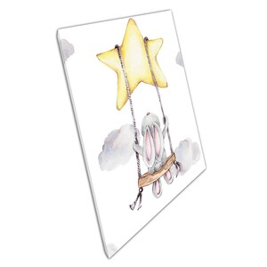 Cute Cartoon Bunny Rabbit Swinging on Star - Kids Room Watercolor Canvas Art for Home  Office Decor