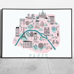 Ilustração caprichosa da paisagem urbana parisiense: impressão de arte de parede emoldurada em tons pastéis suaves