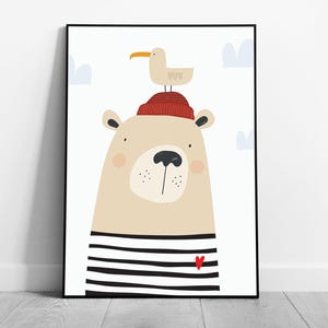 Nautical Nursery Wall Art: Framed Sailor Bear & Seagull Illustration Print for Kids Room Decor