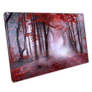 Red Forest Woodland Canvas Wall Art Print - Magical Sunbeams  Misty Nature Scene for Home Office Décor