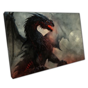 Fiery Fierce Scaly Black Winged Dragon Surrounded By Smoke Fantasy Creature Scene Wall Art Print On Canvas Picture For Home Office Decor