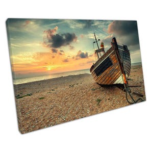 Sunrise Fishing Boat Canvas Wall Art  Rustic Beach Decor for Home  Office