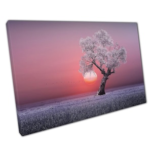 Ethereal Sunset Canvas: Pink & Purple Tree Silhouette Wall Art for Home or Office Decor