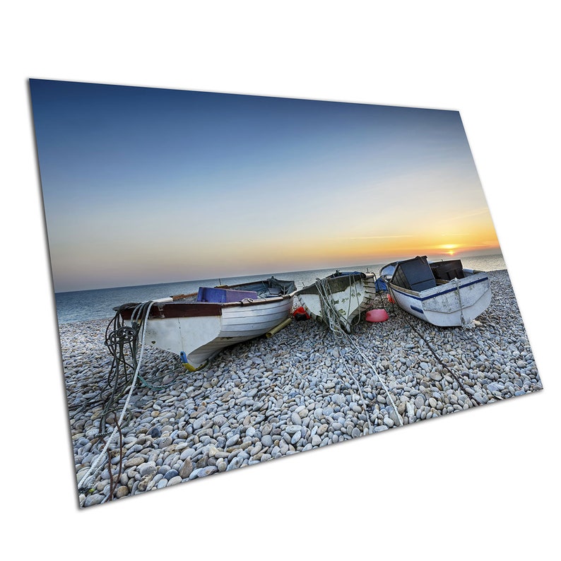 Boats on Shore of Pebble Beach at Chesil Cove on Portland
