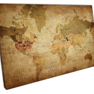 Toile carte du monde vintage : grande impression d'art mural pour la maison et le bureau - Image de style rétro