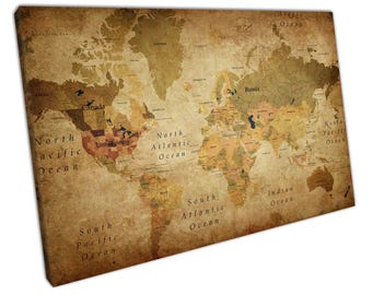 Vintage canvas wereldkaart: grote muurkunstprint voor thuis- en kantoordecoratie - foto in retrostijl