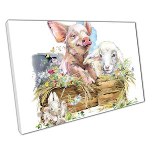 Canvaskunst aquarel boerderij dierenvrienden - varken lam konijn kuiken decor voor kantoor aan huis