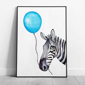 Whimsical Zebra with Blue Balloon Watercolor Print - Framed Wall Art for Celebrations & Decor