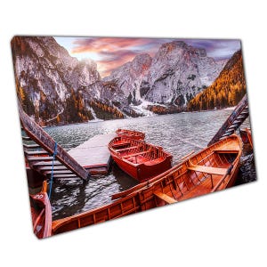 Lago di Braies Canvas: Alpine Lake in Dolomites, Italian Landmark Wall Art Decor for Home & Office
