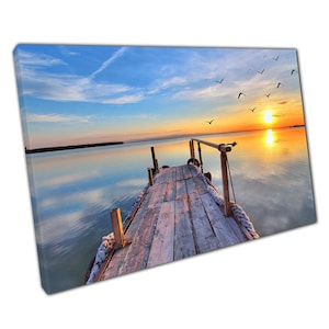 Tranquil Lakeside Pier Sunset Canvas: Birds in Flight Wall Art for Home & Office Decor