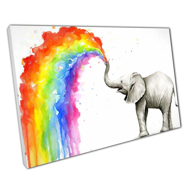 Elephant watercolour Rainbow rain Canvas Wall Art print on canvas Picture for Home Office Decor