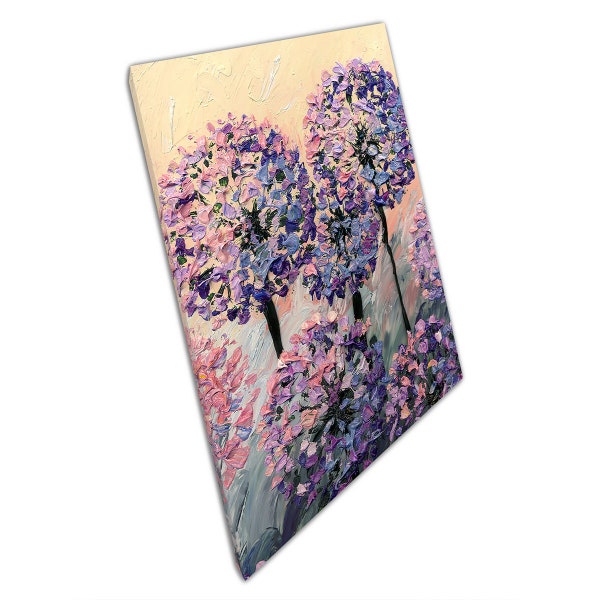 Gouache peinte, fleurs d'été violettes et coucher de soleil rose poudré, impression d'art mural sur toile pour décoration de bureau à domicile