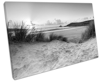 Black & White Sunset through the sand dunes Crantock beach Ready to Hang Wall Art Print Picture For Home Office Decor