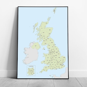Impression d'art mural carte traditionnelle du Royaume-Uni avec code postal - Image encadrée bleu-vert