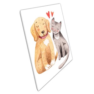 Cute Cartoon Dog  Cat Best Friends Watercolour Canvas Wall Art for Home Office Decor